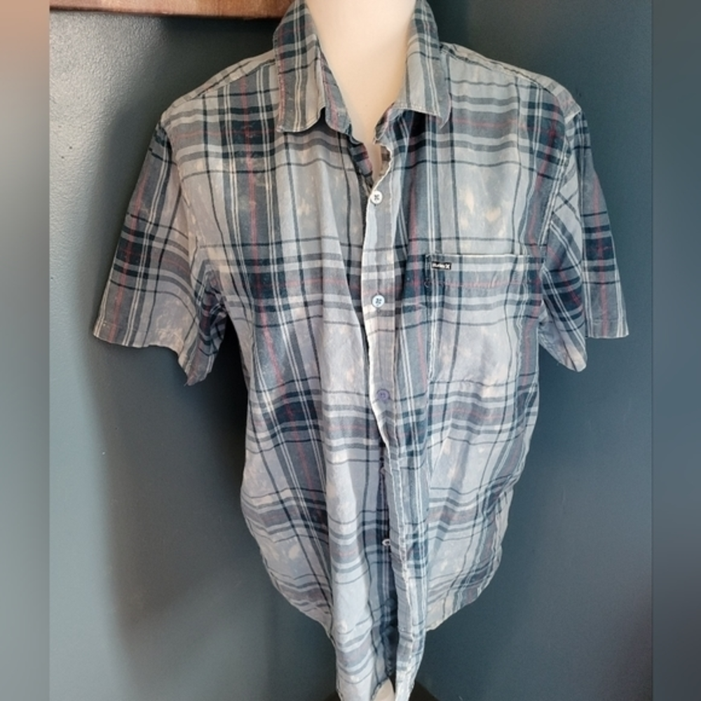 Hurley blue plaid faux bleach look button down shirt size XL